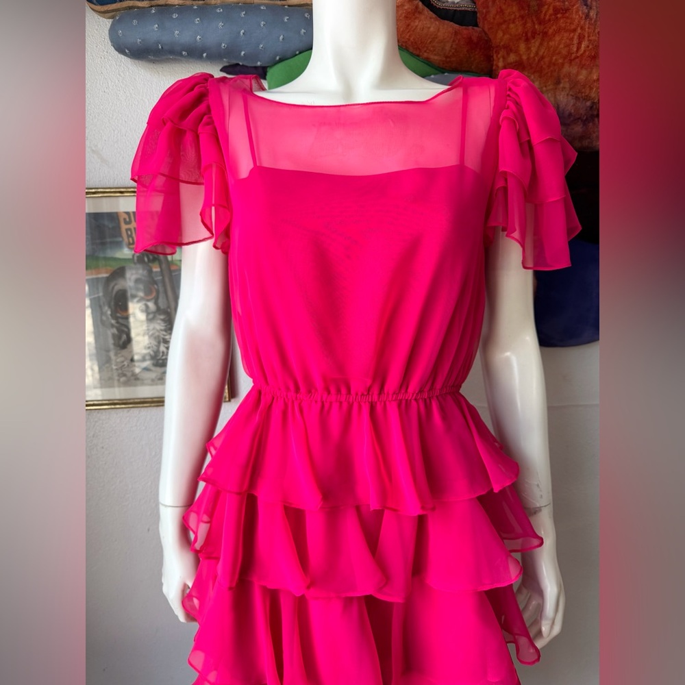 1970s PINK CHIFFON RUFFLES DRESS Vintage Ruffled Fluttery Sleeves Romantic 1980s - Picture 5 of 8